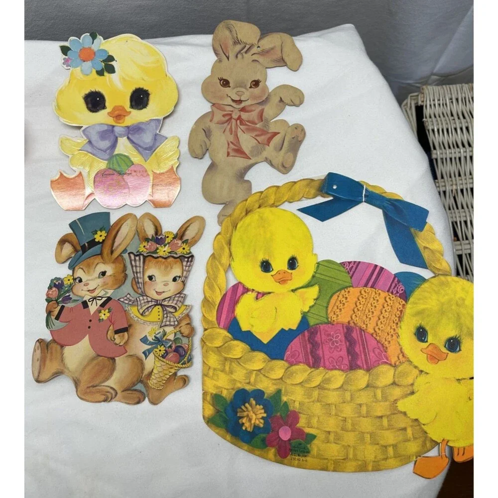 Lot 4 Vintage Easter Bunny Rabbit Ducks Basket Paper Cutout Decorations Hallmark